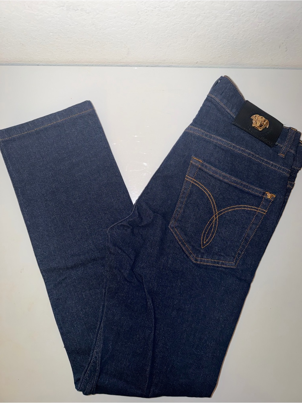 Versace Navy Slim Straight Jeans with Gold Medusa Patch